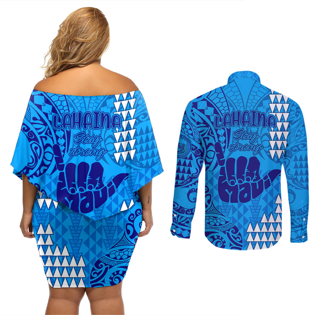 Strong Maui Couples Matching Off Shoulder Short Dress and Long Sleeve Button Shirts Good Living Hawaii with Shaka Sign Kakau Tribal Blue LT9 - Polynesian Pride