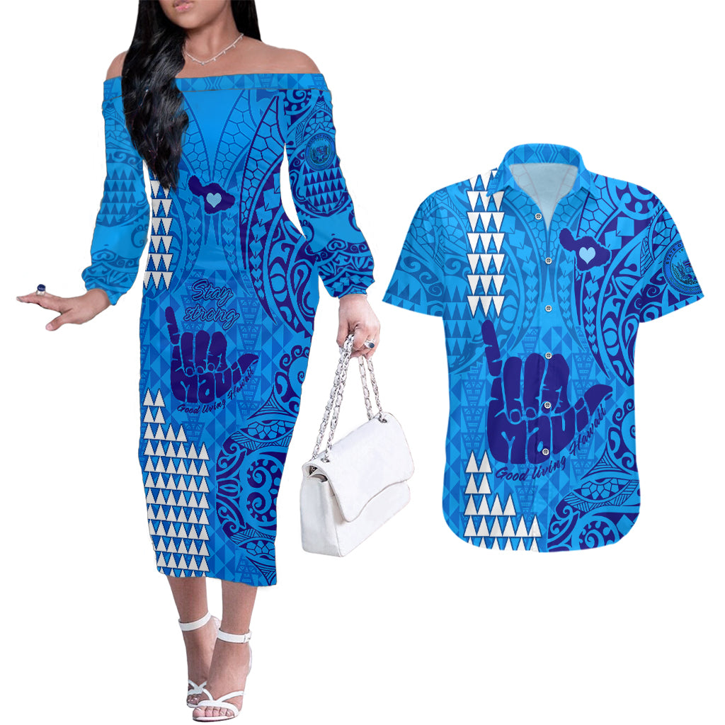 Strong Maui Couples Matching Off The Shoulder Long Sleeve Dress and Hawaiian Shirt Good Living Hawaii with Shaka Sign Kakau Tribal Blue LT9 Blue - Polynesian Pride