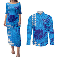 Strong Maui Couples Matching Puletasi Dress and Long Sleeve Button Shirts Good Living Hawaii with Shaka Sign Kakau Tribal Blue LT9 Blue - Polynesian Pride