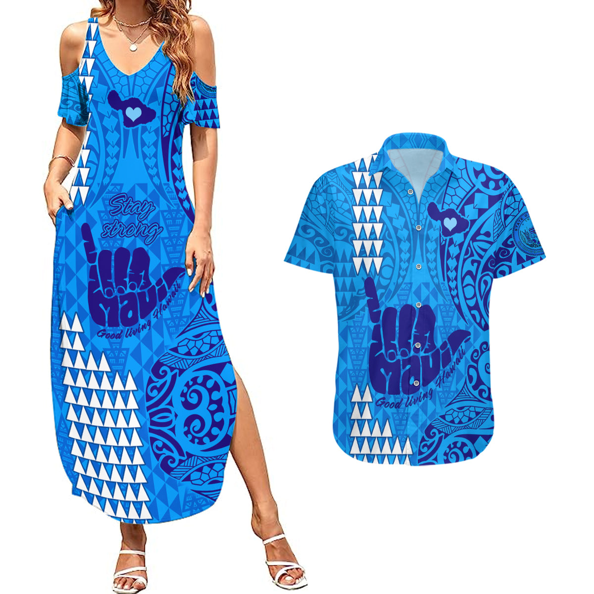 Strong Maui Couples Matching Summer Maxi Dress and Hawaiian Shirt Good Living Hawaii with Shaka Sign Kakau Tribal Blue LT9 Blue - Polynesian Pride