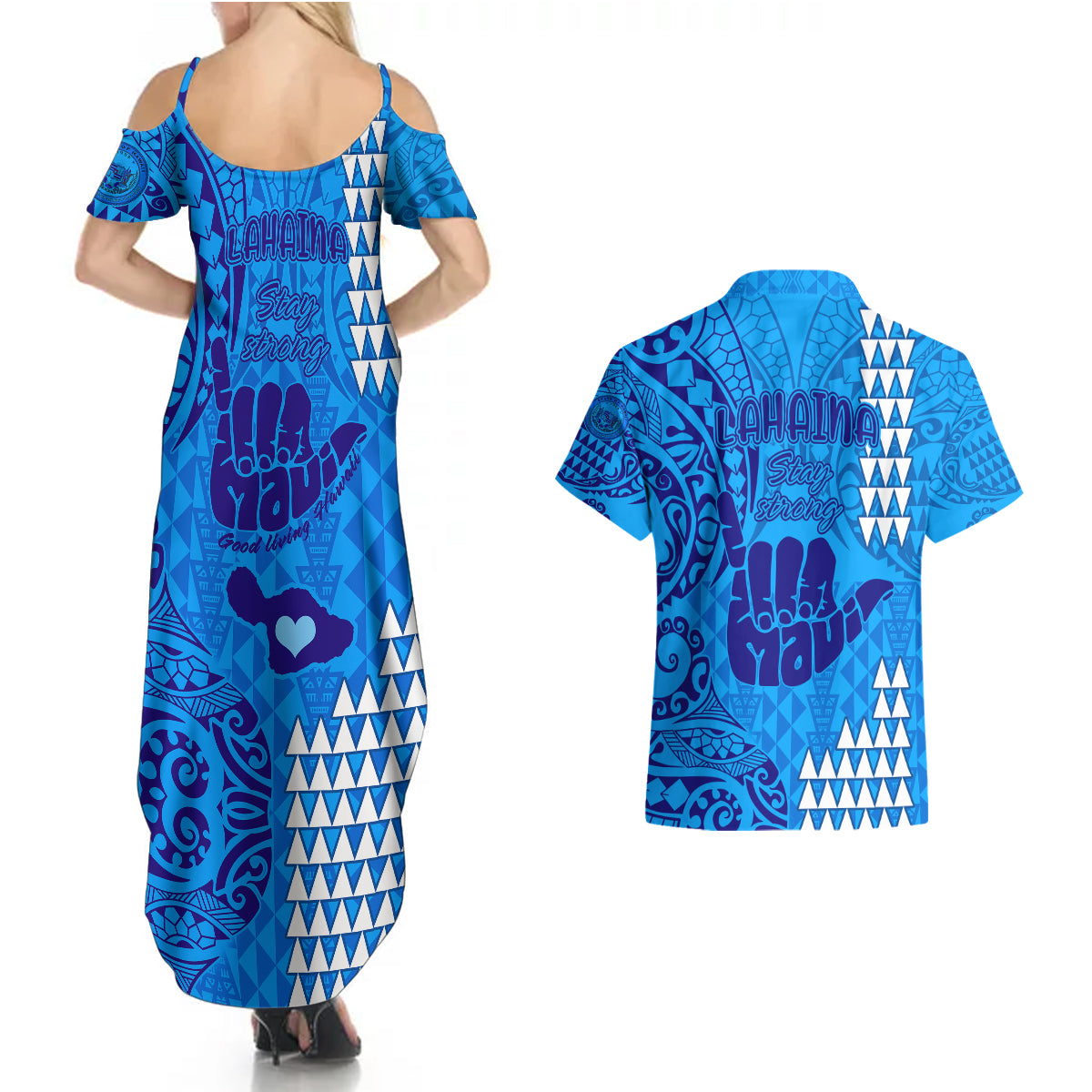 Strong Maui Couples Matching Summer Maxi Dress and Hawaiian Shirt Good Living Hawaii with Shaka Sign Kakau Tribal Blue LT9 - Polynesian Pride