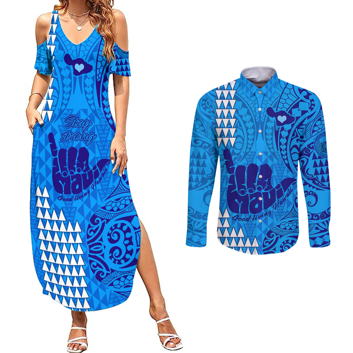 Strong Maui Couples Matching Summer Maxi Dress and Long Sleeve Button Shirts Good Living Hawaii with Shaka Sign Kakau Tribal Blue LT9 Blue - Polynesian Pride