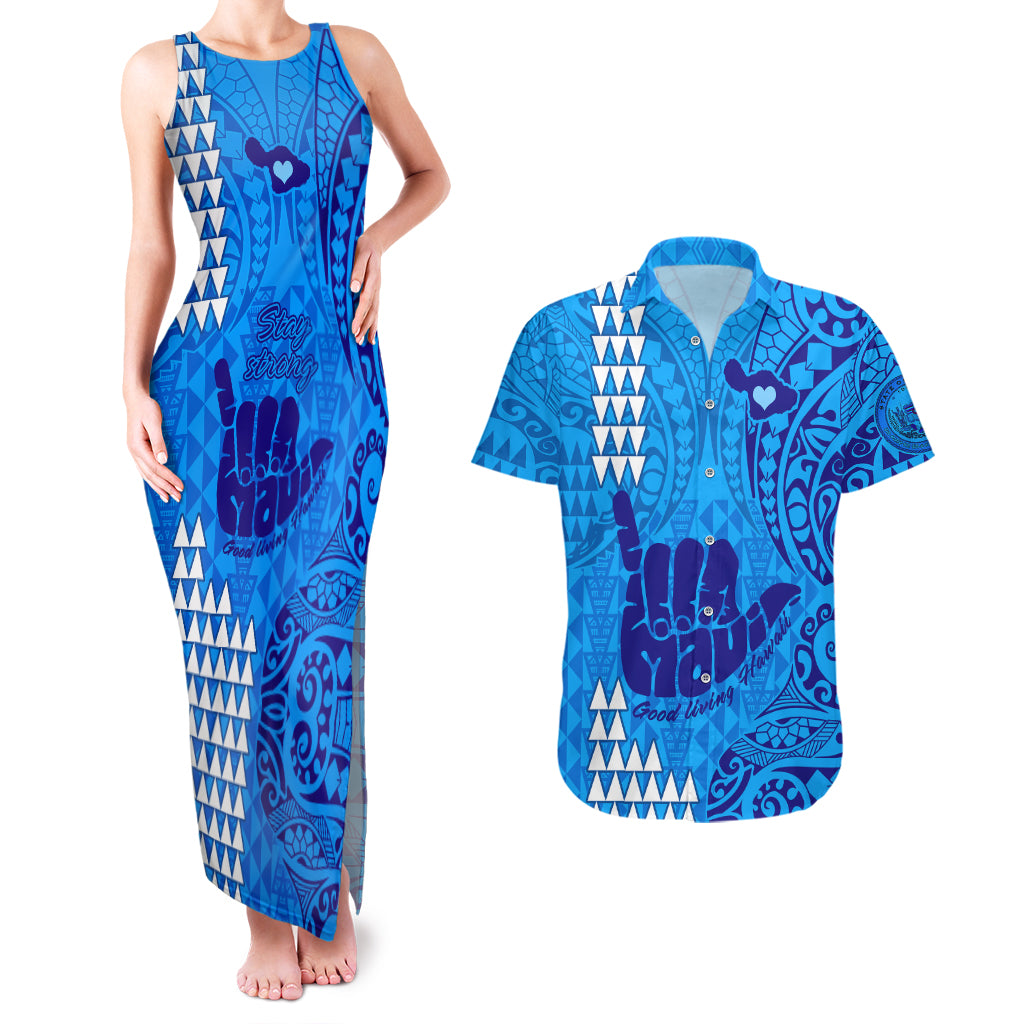 Strong Maui Couples Matching Tank Maxi Dress and Hawaiian Shirt Good Living Hawaii with Shaka Sign Kakau Tribal Blue LT9 Blue - Polynesian Pride
