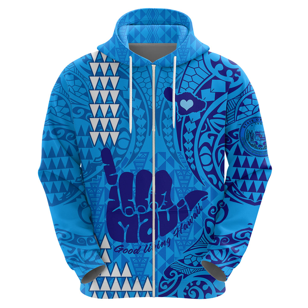 Strong Maui Hoodie Good Living Hawaii with Shaka Sign Kakau Tribal Blue LT9 - Polynesian Pride