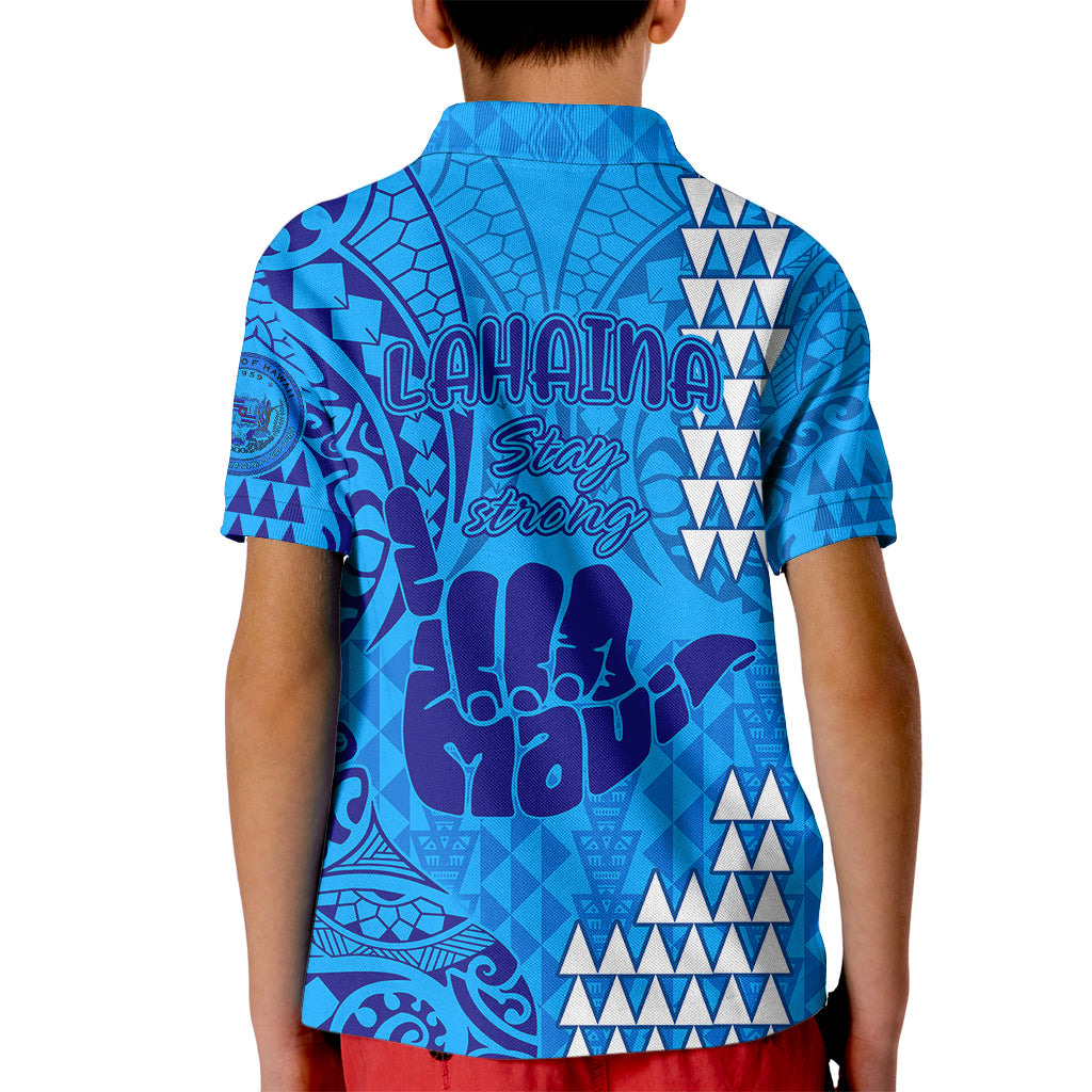 Strong Maui Kid Polo Shirt Good Living Hawaii with Shaka Sign Kakau Tribal Blue LT9 - Polynesian Pride