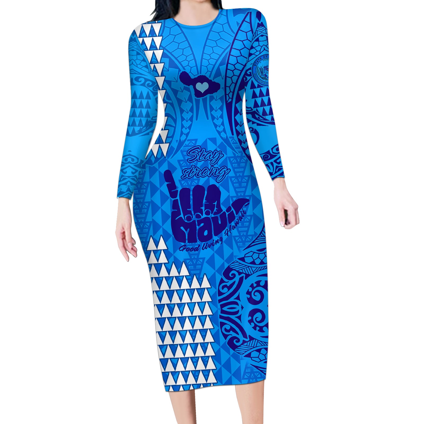 Strong Maui Long Sleeve Bodycon Dress Good Living Hawaii with Shaka Sign Kakau Tribal Blue LT9 Long Dress Blue - Polynesian Pride