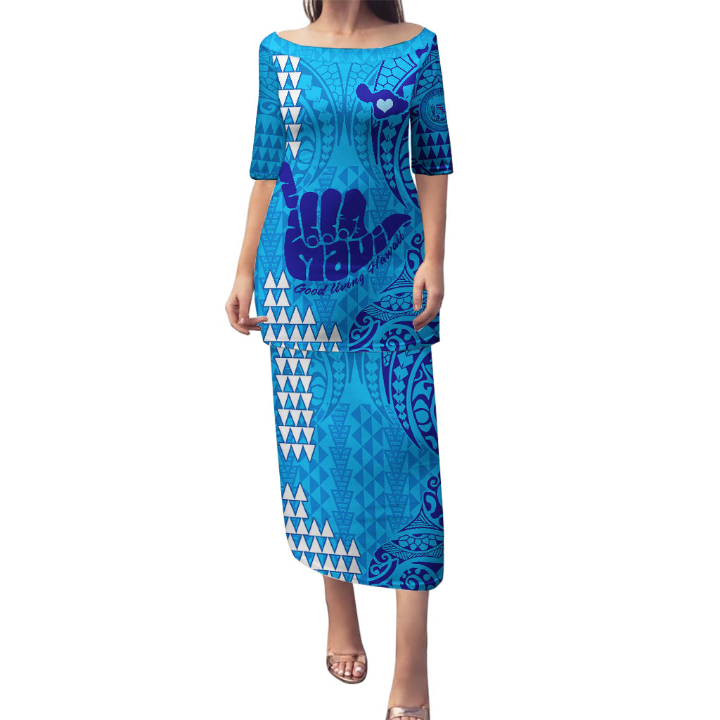 Strong Maui Puletasi Good Living Hawaii with Shaka Sign Kakau Tribal Blue LT9 Long Dress Blue - Polynesian Pride