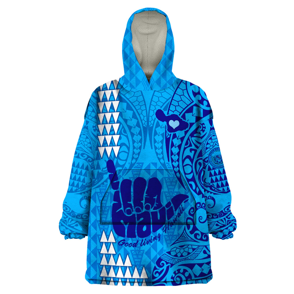 Strong Maui Wearable Blanket Hoodie Good Living Hawaii with Shaka Sign Kakau Tribal Blue LT9 One Size Blue - Polynesian Pride