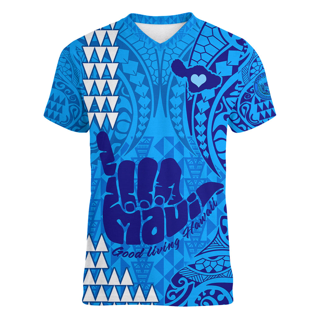 Strong Maui Women V Neck T Shirt Good Living Hawaii with Shaka Sign Kakau Tribal Blue LT9 Female Blue - Polynesian Pride