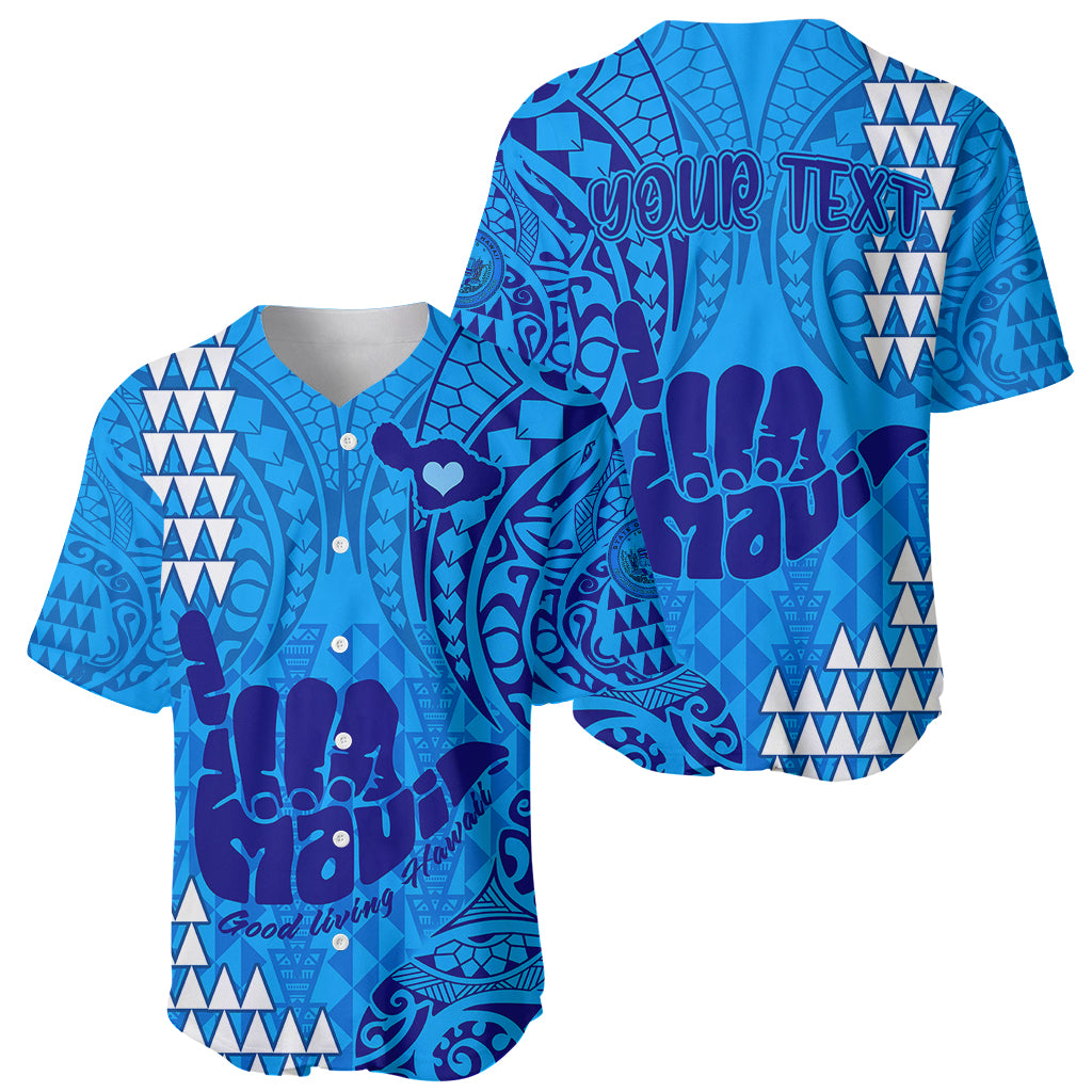 Personalised Strong Maui Baseball Jersey Good Living Hawaii with Shaka Sign Kakau Tribal Blue LT9 - Polynesian Pride