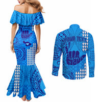 Personalised Strong Maui Couples Matching Mermaid Dress and Long Sleeve Button Shirts Good Living Hawaii with Shaka Sign Kakau Tribal Blue LT9 - Polynesian Pride