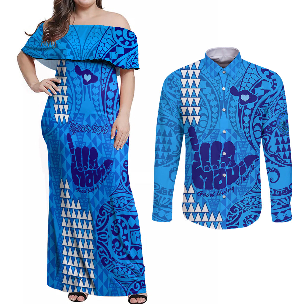 Personalised Strong Maui Couples Matching Off Shoulder Maxi Dress and Long Sleeve Button Shirts Good Living Hawaii with Shaka Sign Kakau Tribal Blue LT9 Blue - Polynesian Pride
