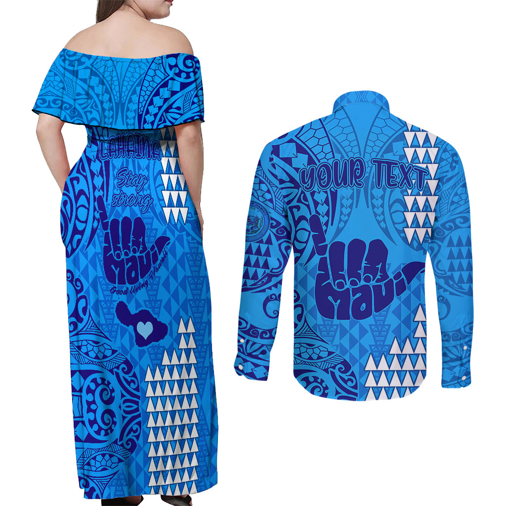 Personalised Strong Maui Couples Matching Off Shoulder Maxi Dress and Long Sleeve Button Shirts Good Living Hawaii with Shaka Sign Kakau Tribal Blue LT9 - Polynesian Pride