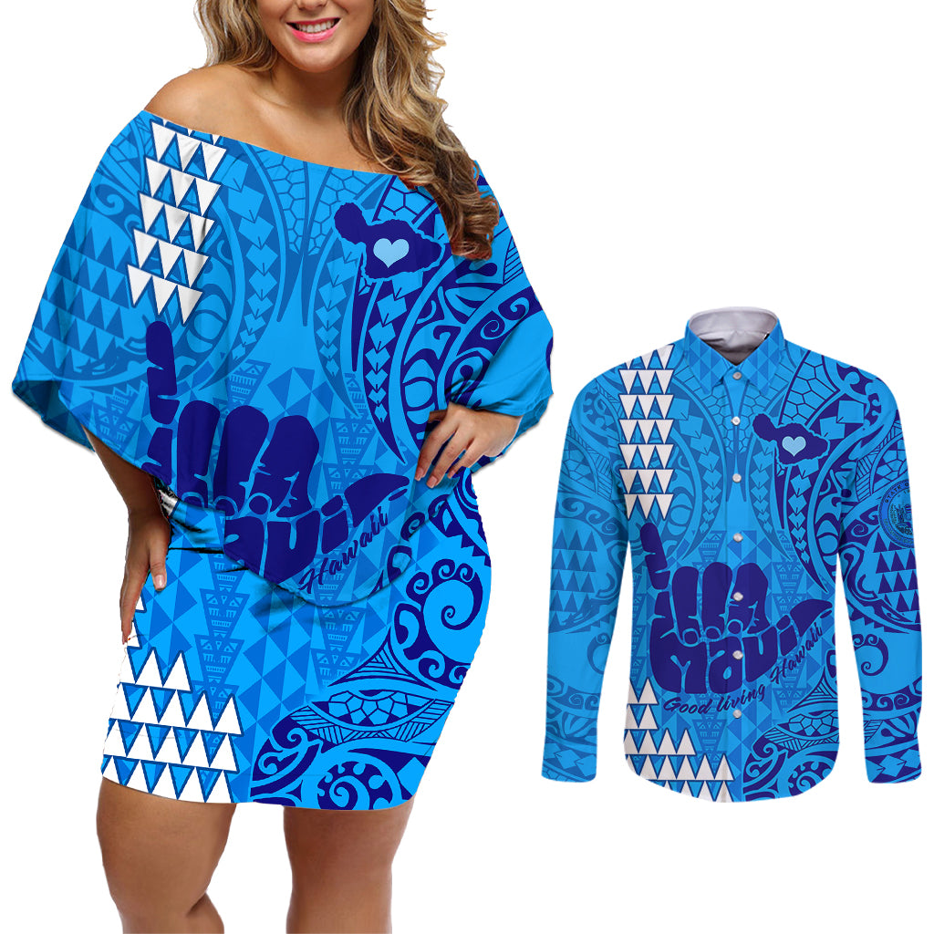Personalised Strong Maui Couples Matching Off Shoulder Short Dress and Long Sleeve Button Shirts Good Living Hawaii with Shaka Sign Kakau Tribal Blue LT9 Blue - Polynesian Pride