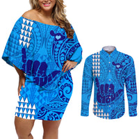 Personalised Strong Maui Couples Matching Off Shoulder Short Dress and Long Sleeve Button Shirts Good Living Hawaii with Shaka Sign Kakau Tribal Blue LT9 Blue - Polynesian Pride