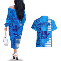 Personalised Strong Maui Couples Matching Off The Shoulder Long Sleeve Dress and Hawaiian Shirt Good Living Hawaii with Shaka Sign Kakau Tribal Blue LT9 - Polynesian Pride