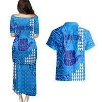 Personalised Strong Maui Couples Matching Puletasi Dress and Hawaiian Shirt Good Living Hawaii with Shaka Sign Kakau Tribal Blue LT9 - Polynesian Pride