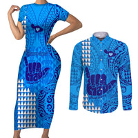 Personalised Strong Maui Couples Matching Short Sleeve Bodycon Dress and Long Sleeve Button Shirts Good Living Hawaii with Shaka Sign Kakau Tribal Blue LT9 Blue - Polynesian Pride