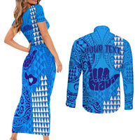 Personalised Strong Maui Couples Matching Short Sleeve Bodycon Dress and Long Sleeve Button Shirts Good Living Hawaii with Shaka Sign Kakau Tribal Blue LT9 - Polynesian Pride