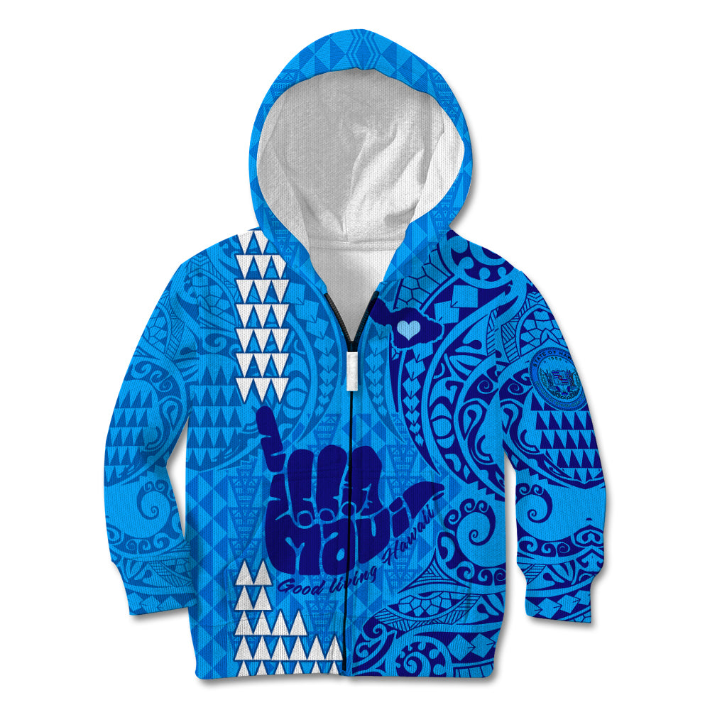 Personalised Strong Maui Kid Hoodie Good Living Hawaii with Shaka Sign Kakau Tribal Blue LT9 Zip Hoodie Blue - Polynesian Pride