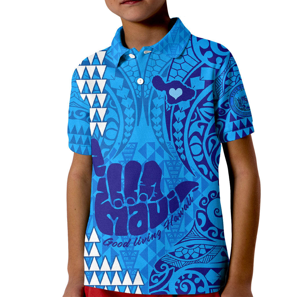 Personalised Strong Maui Kid Polo Shirt Good Living Hawaii with Shaka Sign Kakau Tribal Blue LT9 Kid Blue - Polynesian Pride