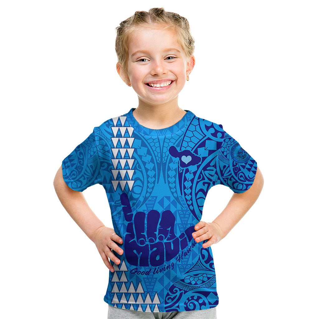 Personalised Strong Maui Kid T Shirt Good Living Hawaii with Shaka Sign Kakau Tribal Blue LT9 Blue - Polynesian Pride
