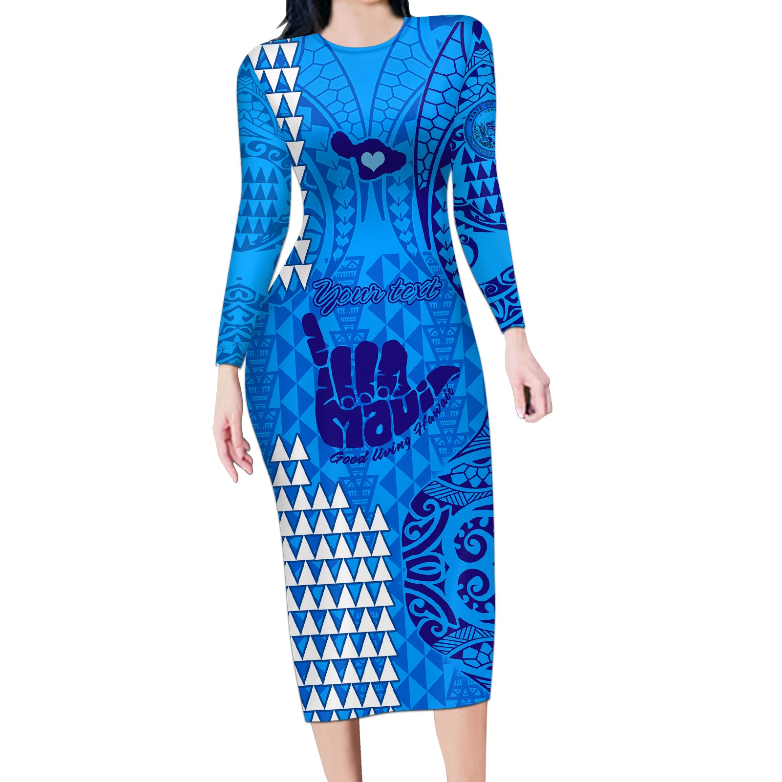 Personalised Strong Maui Long Sleeve Bodycon Dress Good Living Hawaii with Shaka Sign Kakau Tribal Blue LT9 Long Dress Blue - Polynesian Pride