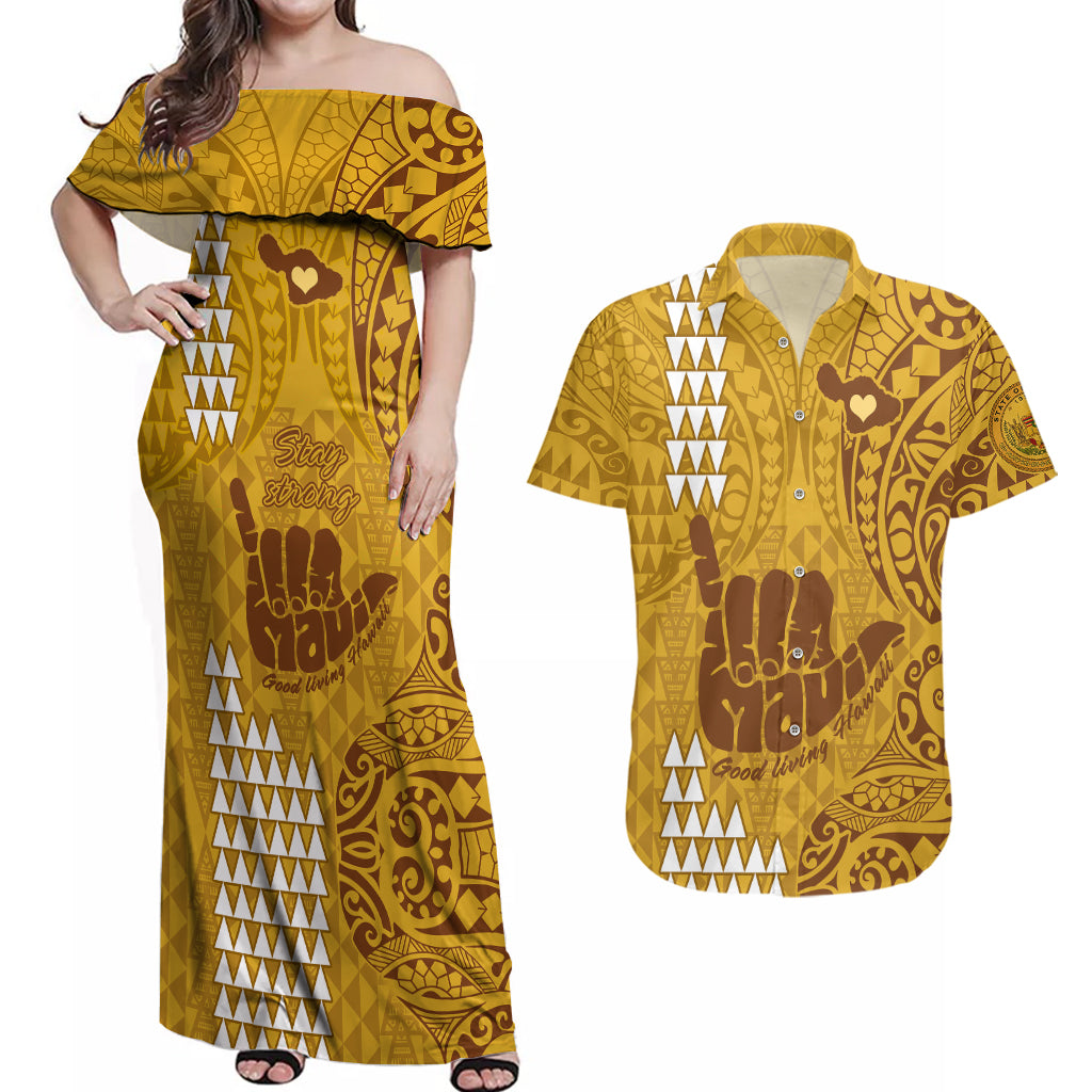 Strong Maui Couples Matching Off Shoulder Maxi Dress and Hawaiian Shirt Good Living Hawaii with Shaka Sign Kakau Tribal Gold LT9 Gold - Polynesian Pride