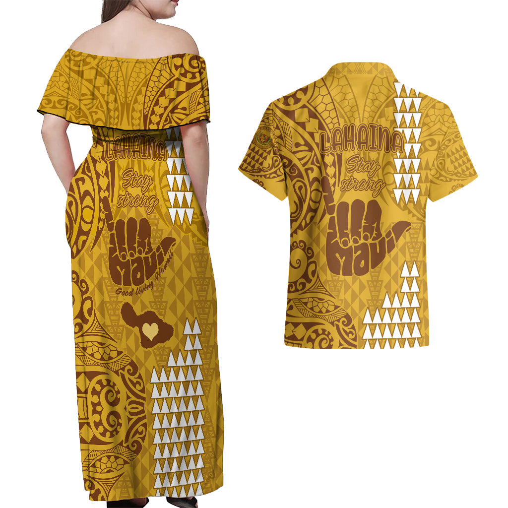Strong Maui Couples Matching Off Shoulder Maxi Dress and Hawaiian Shirt Good Living Hawaii with Shaka Sign Kakau Tribal Gold LT9 - Polynesian Pride