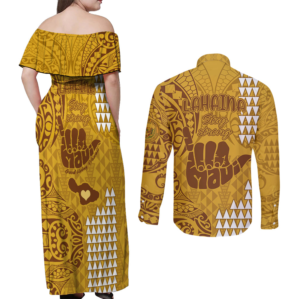Strong Maui Couples Matching Off Shoulder Maxi Dress and Long Sleeve Button Shirts Good Living Hawaii with Shaka Sign Kakau Tribal Gold LT9 - Polynesian Pride