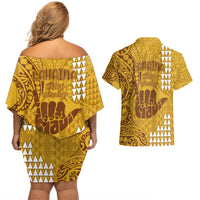 Strong Maui Couples Matching Off Shoulder Short Dress and Hawaiian Shirt Good Living Hawaii with Shaka Sign Kakau Tribal Gold LT9 - Polynesian Pride
