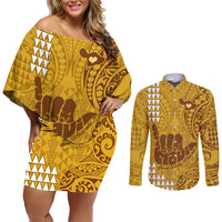 Strong Maui Couples Matching Off Shoulder Short Dress and Long Sleeve Button Shirts Good Living Hawaii with Shaka Sign Kakau Tribal Gold LT9 Gold - Polynesian Pride