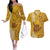 Strong Maui Couples Matching Off The Shoulder Long Sleeve Dress and Hawaiian Shirt Good Living Hawaii with Shaka Sign Kakau Tribal Gold LT9 Gold - Polynesian Pride