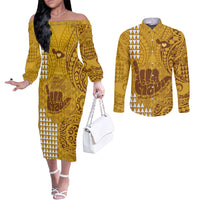 Strong Maui Couples Matching Off The Shoulder Long Sleeve Dress and Long Sleeve Button Shirts Good Living Hawaii with Shaka Sign Kakau Tribal Gold LT9 Gold - Polynesian Pride