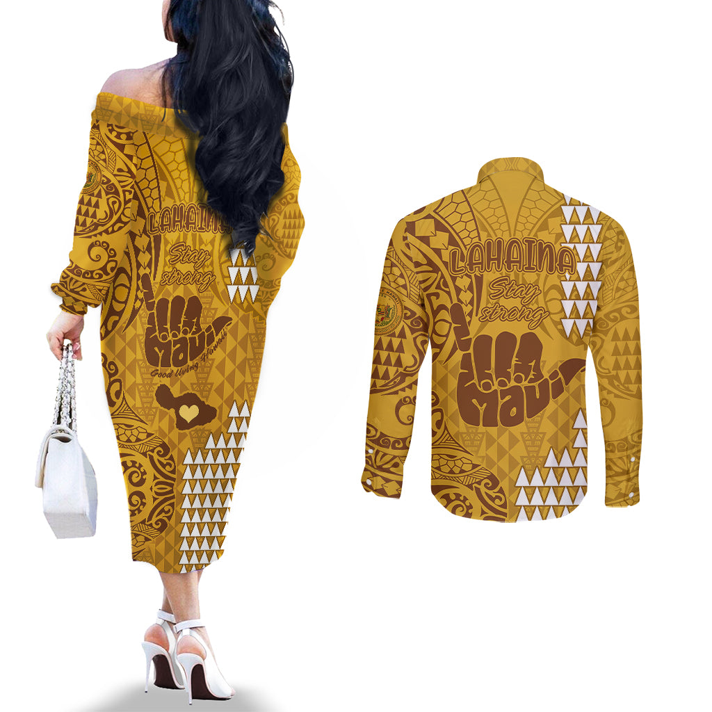 Strong Maui Couples Matching Off The Shoulder Long Sleeve Dress and Long Sleeve Button Shirts Good Living Hawaii with Shaka Sign Kakau Tribal Gold LT9 - Polynesian Pride