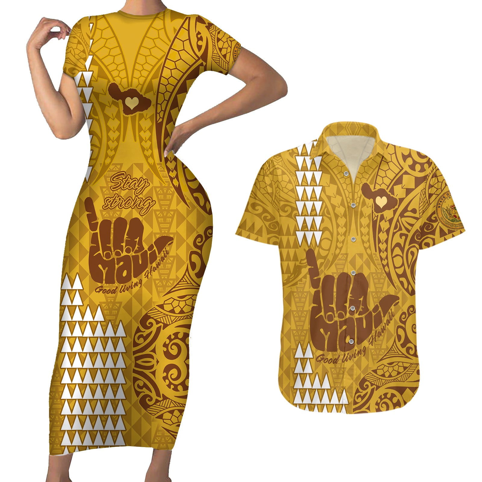 Strong Maui Couples Matching Short Sleeve Bodycon Dress and Hawaiian Shirt Good Living Hawaii with Shaka Sign Kakau Tribal Gold LT9 Gold - Polynesian Pride