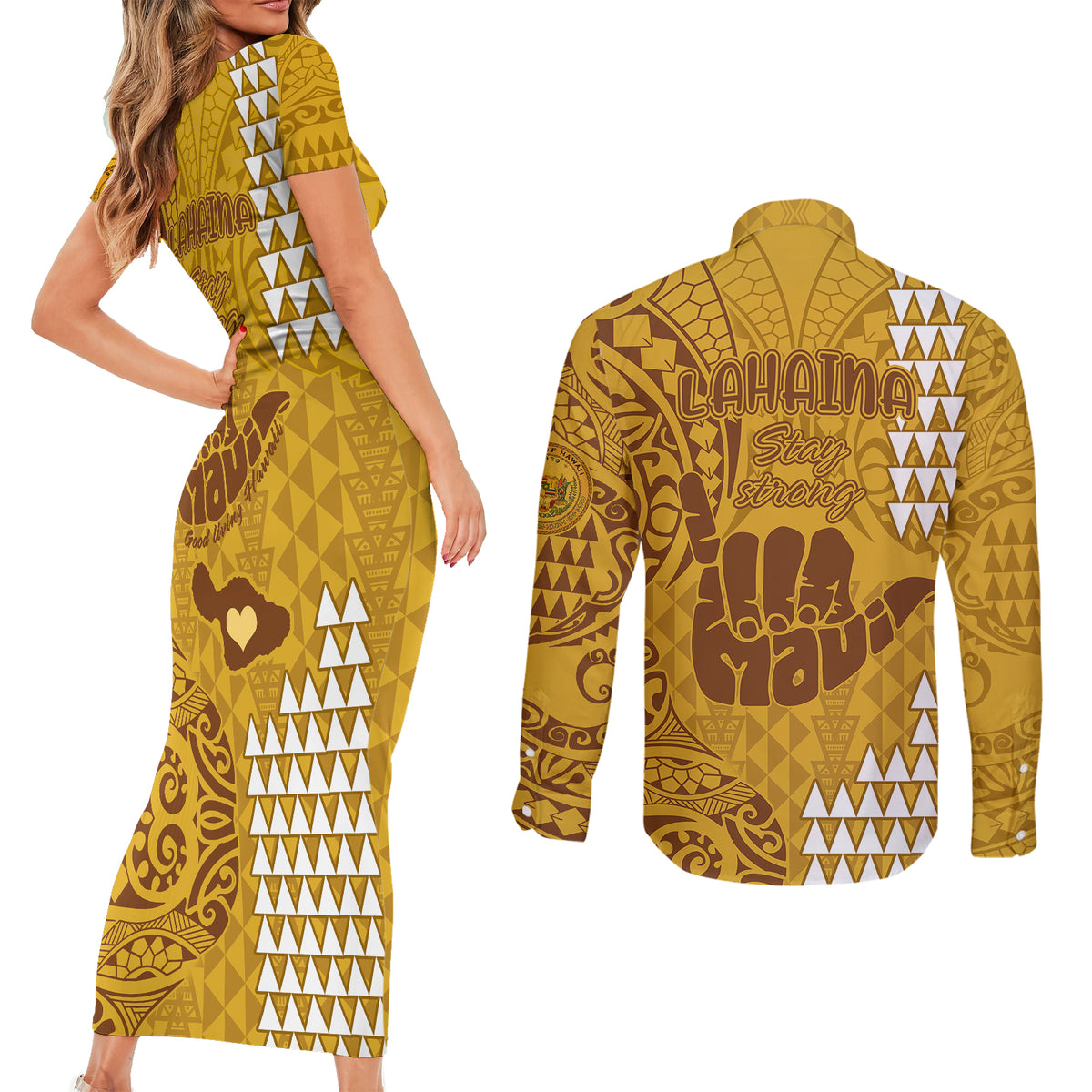 Strong Maui Couples Matching Short Sleeve Bodycon Dress and Long Sleeve Button Shirts Good Living Hawaii with Shaka Sign Kakau Tribal Gold LT9 - Polynesian Pride