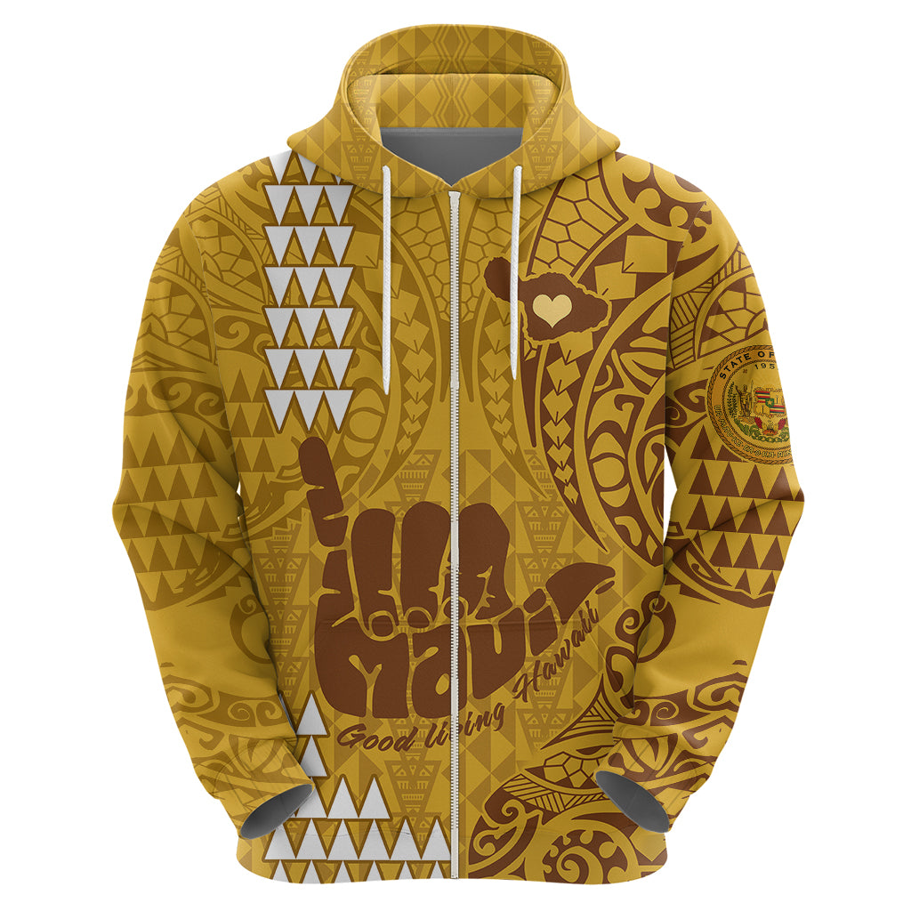 Strong Maui Hoodie Good Living Hawaii with Shaka Sign Kakau Tribal Gold LT9 - Polynesian Pride