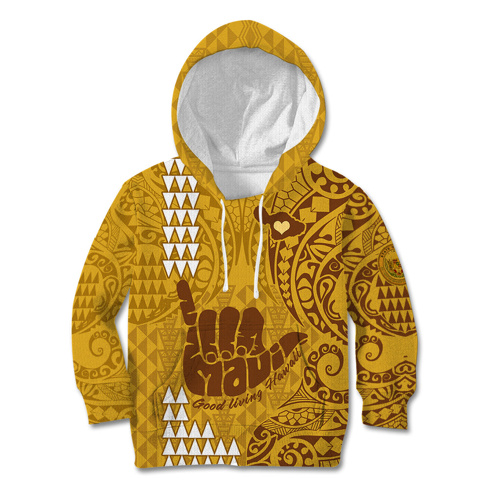 Strong Maui Kid Hoodie Good Living Hawaii with Shaka Sign Kakau Tribal Gold LT9 Hoodie Gold - Polynesian Pride