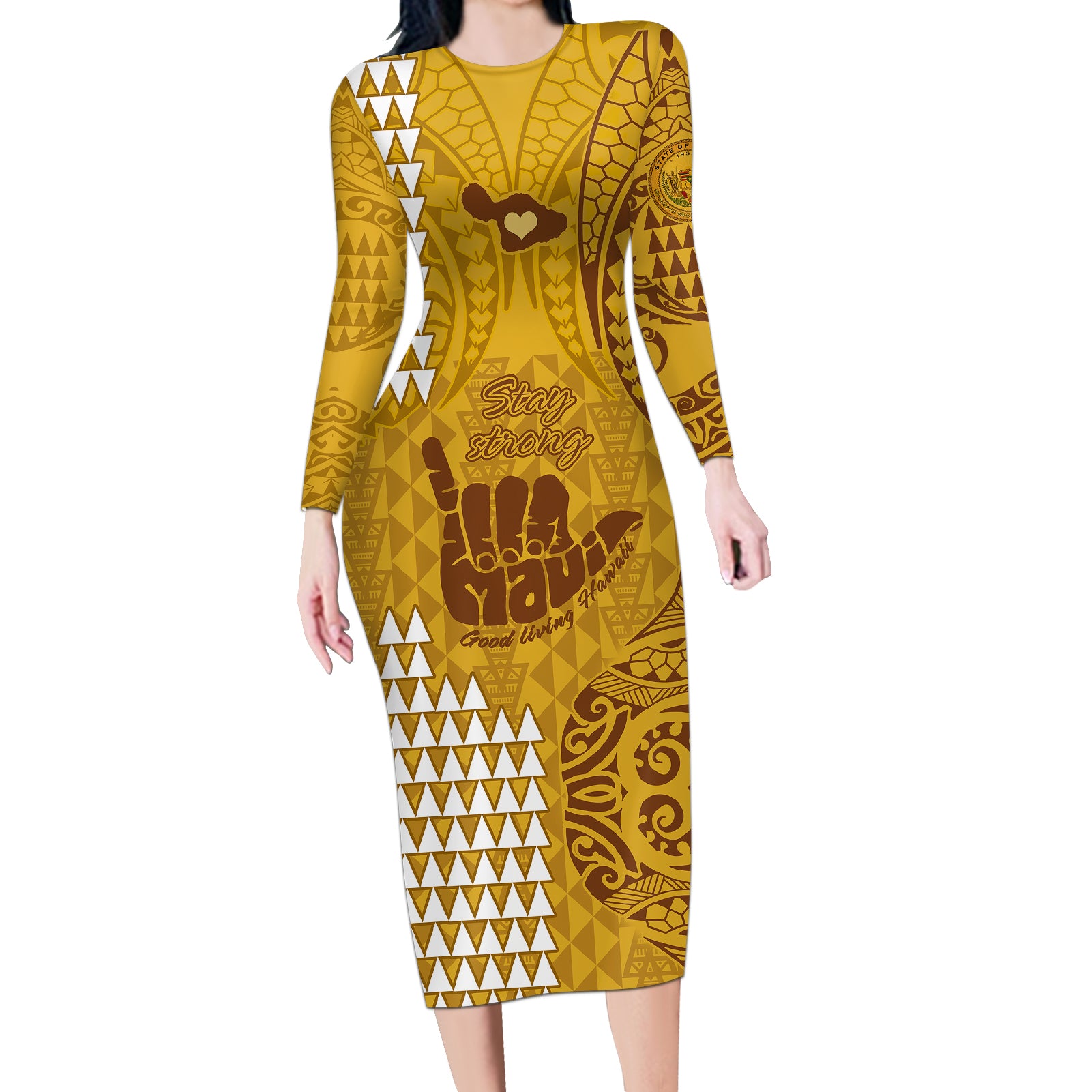 Strong Maui Long Sleeve Bodycon Dress Good Living Hawaii with Shaka Sign Kakau Tribal Gold LT9 Long Dress Gold - Polynesian Pride