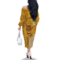 Strong Maui Off The Shoulder Long Sleeve Dress Good Living Hawaii with Shaka Sign Kakau Tribal Gold LT9 - Polynesian Pride