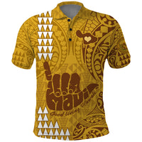 Strong Maui Polo Shirt Good Living Hawaii with Shaka Sign Kakau Tribal Gold LT9 Gold - Polynesian Pride