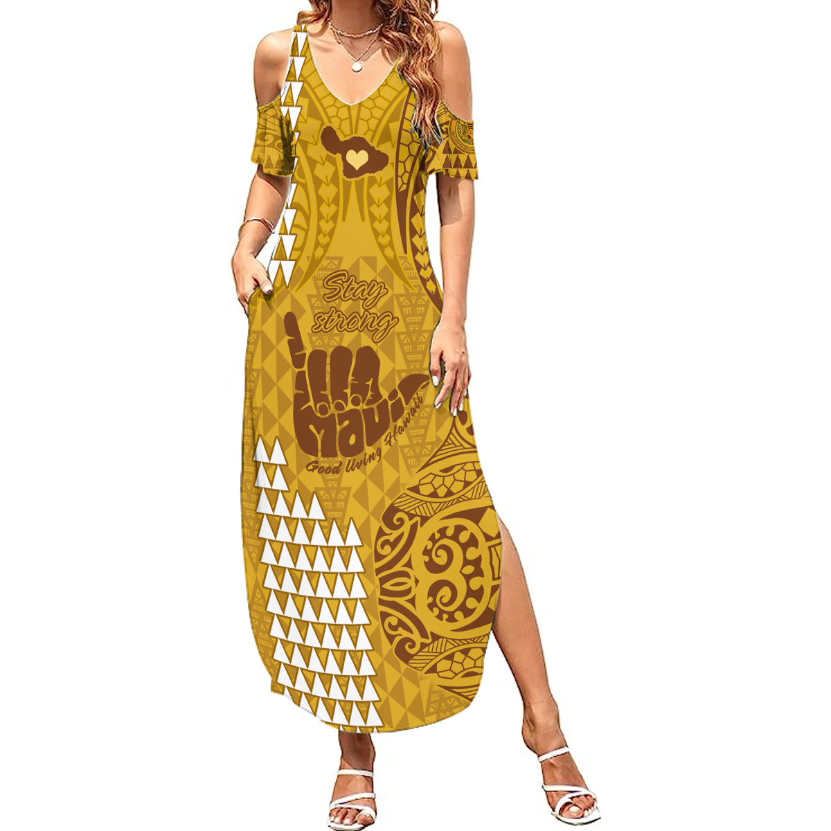 Strong Maui Summer Maxi Dress Good Living Hawaii with Shaka Sign Kakau Tribal Gold LT9 Women Gold - Polynesian Pride