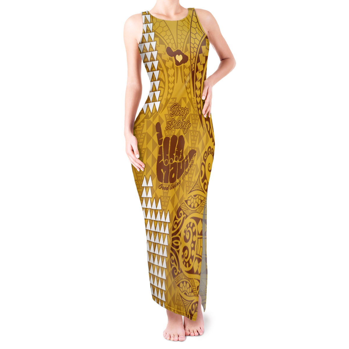 Strong Maui Tank Maxi Dress Good Living Hawaii with Shaka Sign Kakau Tribal Gold LT9 Women Gold - Polynesian Pride