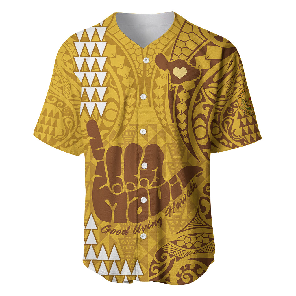 Personalised Strong Maui Baseball Jersey Good Living Hawaii with Shaka Sign Kakau Tribal Gold LT9 Gold - Polynesian Pride