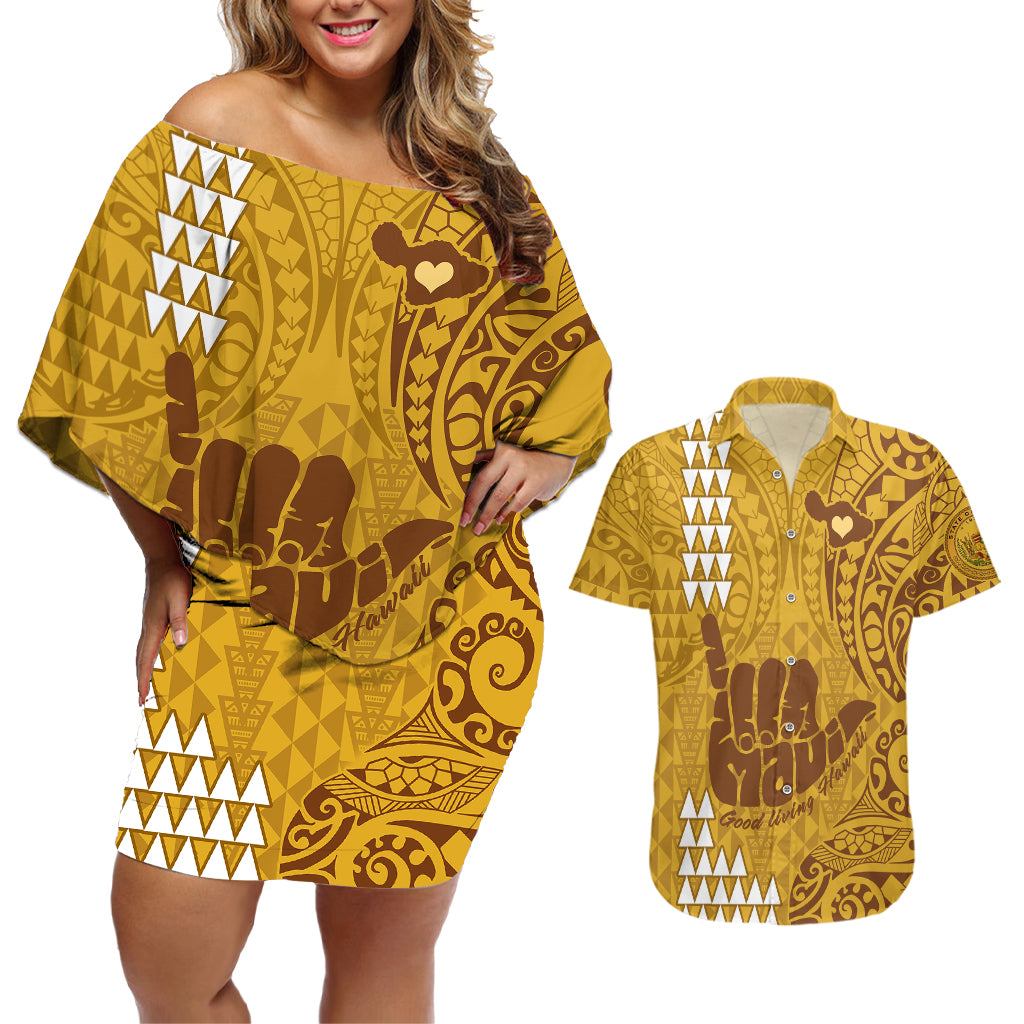 Personalised Strong Maui Couples Matching Off Shoulder Short Dress and Hawaiian Shirt Good Living Hawaii with Shaka Sign Kakau Tribal Gold LT9 Gold - Polynesian Pride