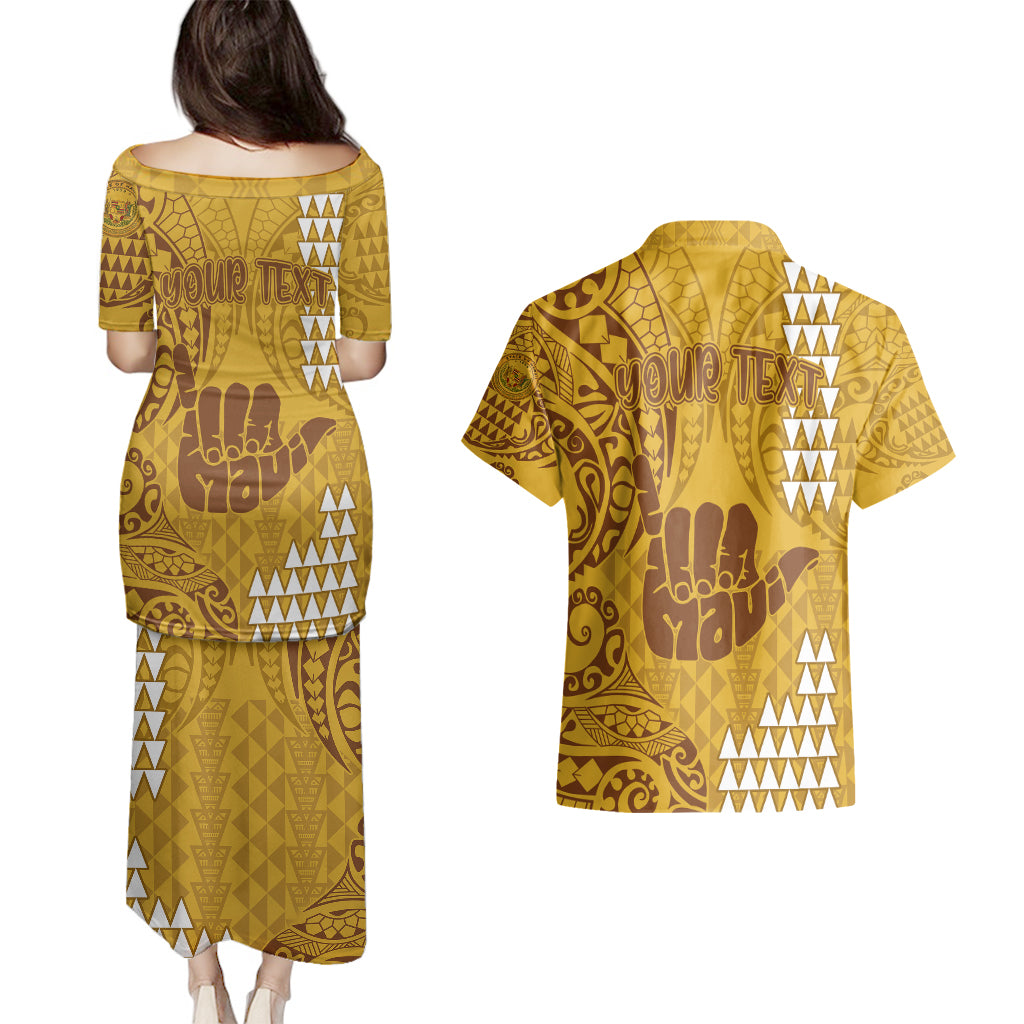 Personalised Strong Maui Couples Matching Puletasi Dress and Hawaiian Shirt Good Living Hawaii with Shaka Sign Kakau Tribal Gold LT9 - Polynesian Pride