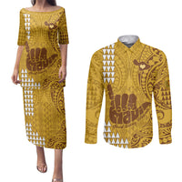 Personalised Strong Maui Couples Matching Puletasi Dress and Long Sleeve Button Shirts Good Living Hawaii with Shaka Sign Kakau Tribal Gold LT9 Gold - Polynesian Pride
