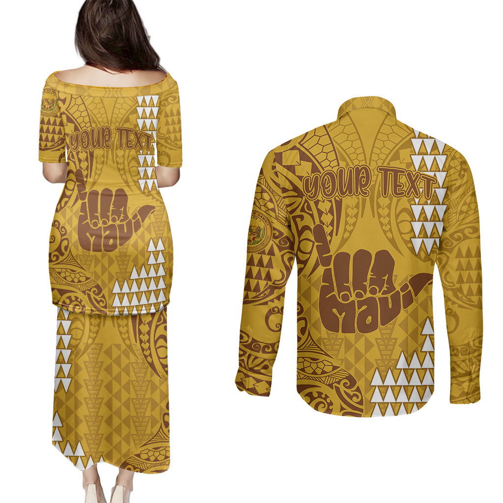 Personalised Strong Maui Couples Matching Puletasi Dress and Long Sleeve Button Shirts Good Living Hawaii with Shaka Sign Kakau Tribal Gold LT9 - Polynesian Pride