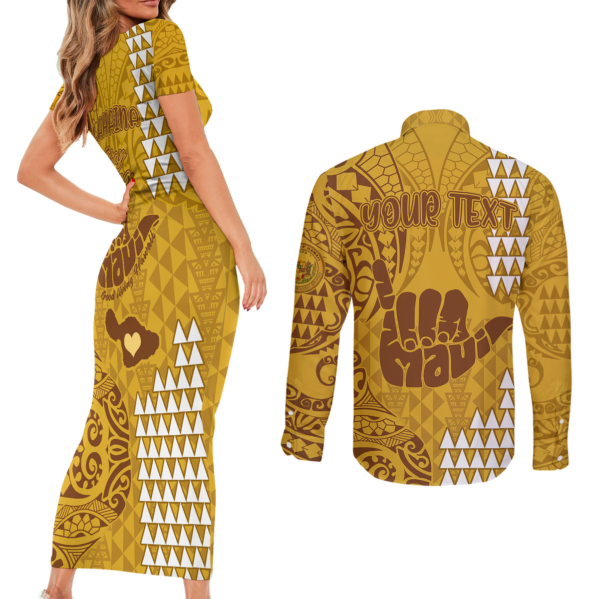Personalised Strong Maui Couples Matching Short Sleeve Bodycon Dress and Long Sleeve Button Shirts Good Living Hawaii with Shaka Sign Kakau Tribal Gold LT9 - Polynesian Pride